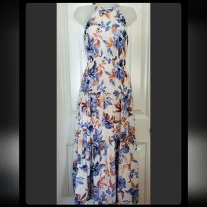 JAPNA White/Blue/Pink Floral Halter Style Full Skirt Maxi Long Dress